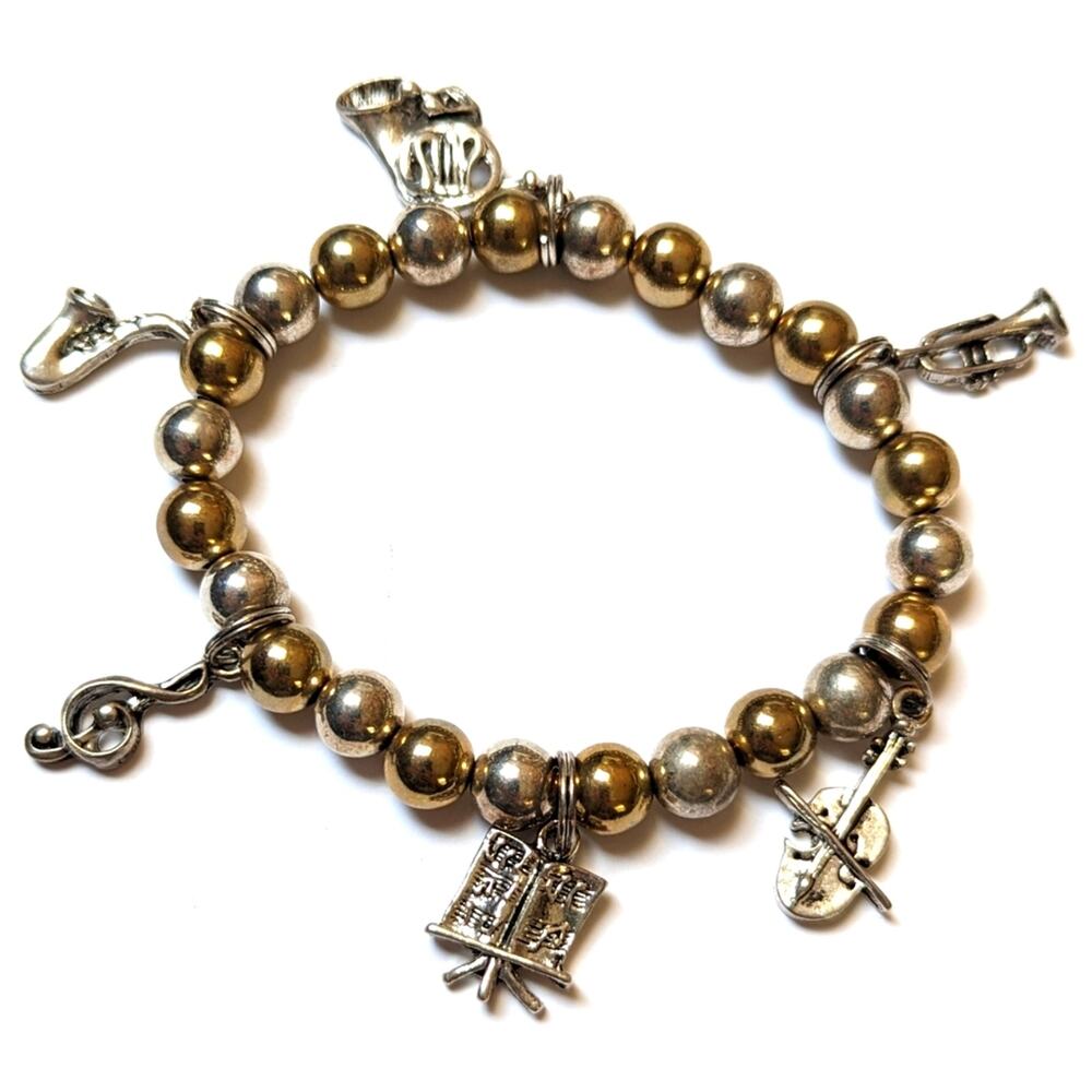 Vintage Metal Bead Orchestra Musical Brass Woodwind Stretch Charm Bracelet